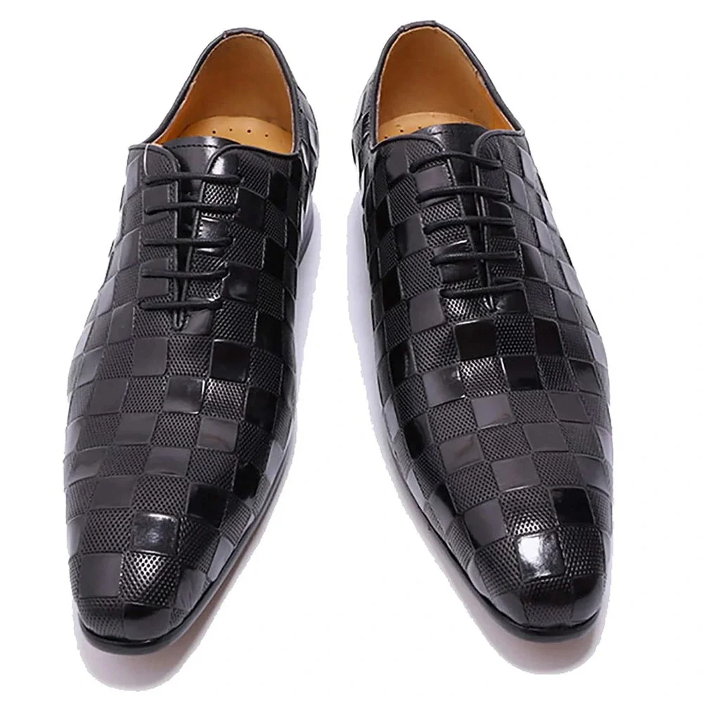 Santimon‎ Men's US 9 Black Leather Plaid Texture Oxfords Lace Up Dress Shoes